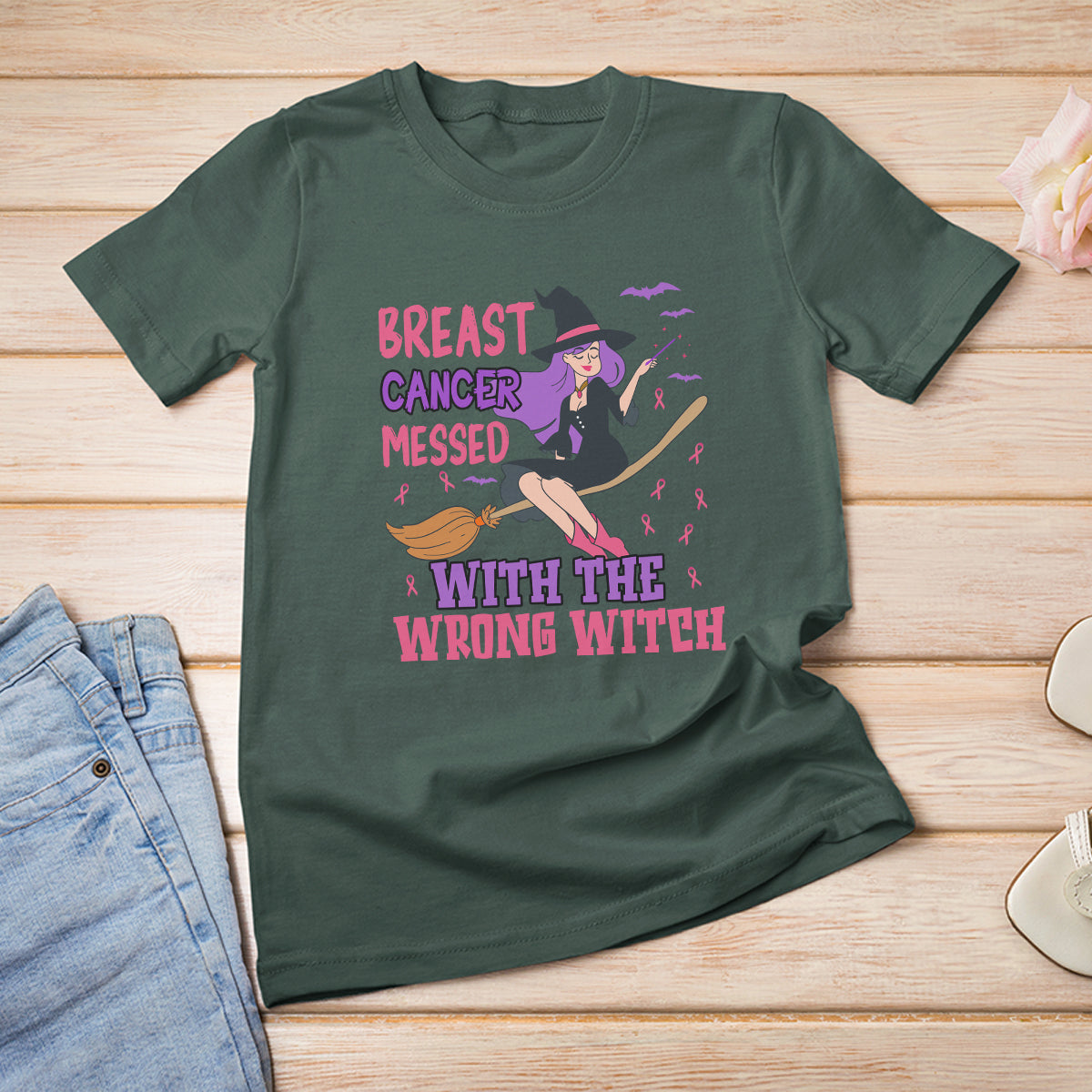 Breast Cancer Witch T Shirt Breast Cancer Messed With Wrong Witch Riding Stick Pink Ribbon Halloween Witch - Wonder Print Shop