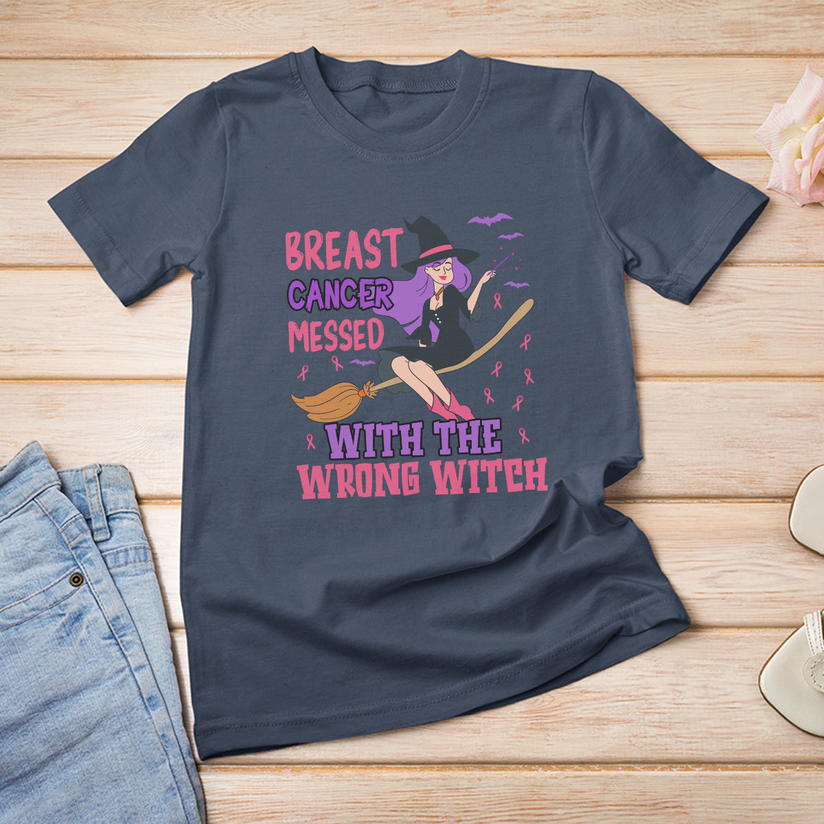 Breast Cancer Witch T Shirt Breast Cancer Messed With Wrong Witch Riding Stick Pink Ribbon Halloween Witch - Wonder Print Shop