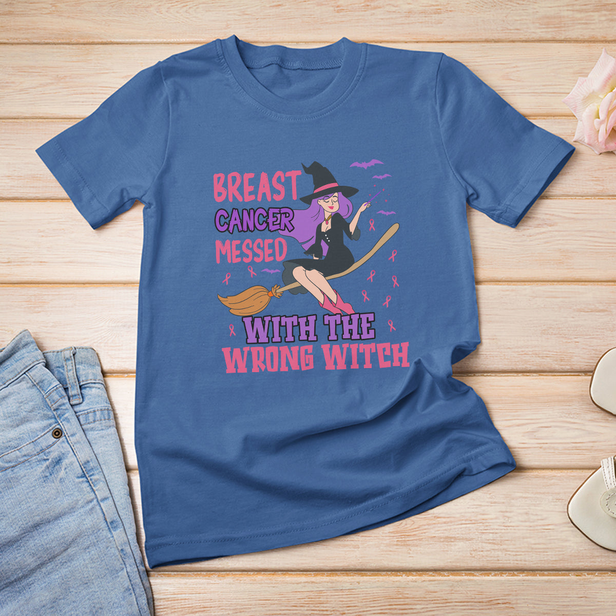 Breast Cancer Witch T Shirt Breast Cancer Messed With Wrong Witch Riding Stick Pink Ribbon Halloween Witch - Wonder Print Shop