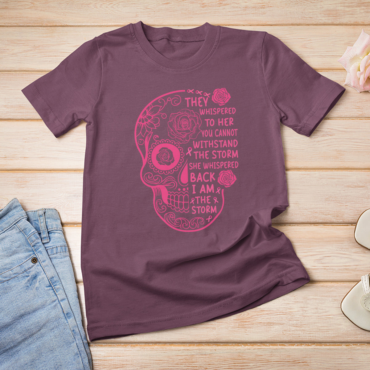Sugar Skull Breast Cancer T Shirt She Whispered Back I Am The Storm Pink Breast Cancer Warrior - Wonder Print Shop