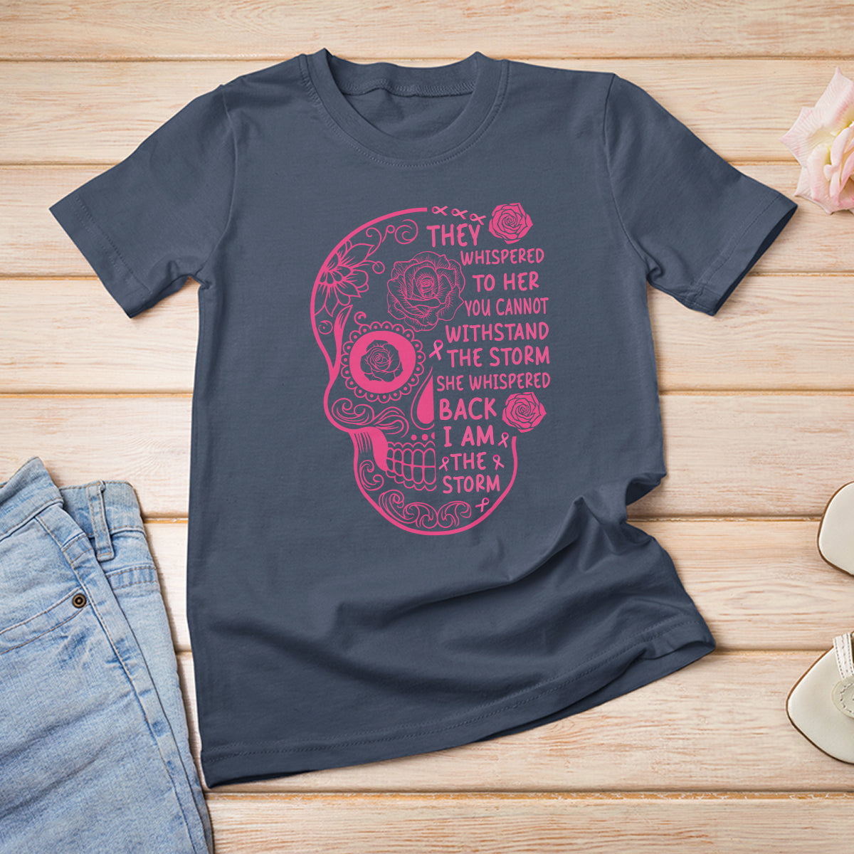 Sugar Skull Breast Cancer T Shirt She Whispered Back I Am The Storm Pink Breast Cancer Warrior - Wonder Print Shop