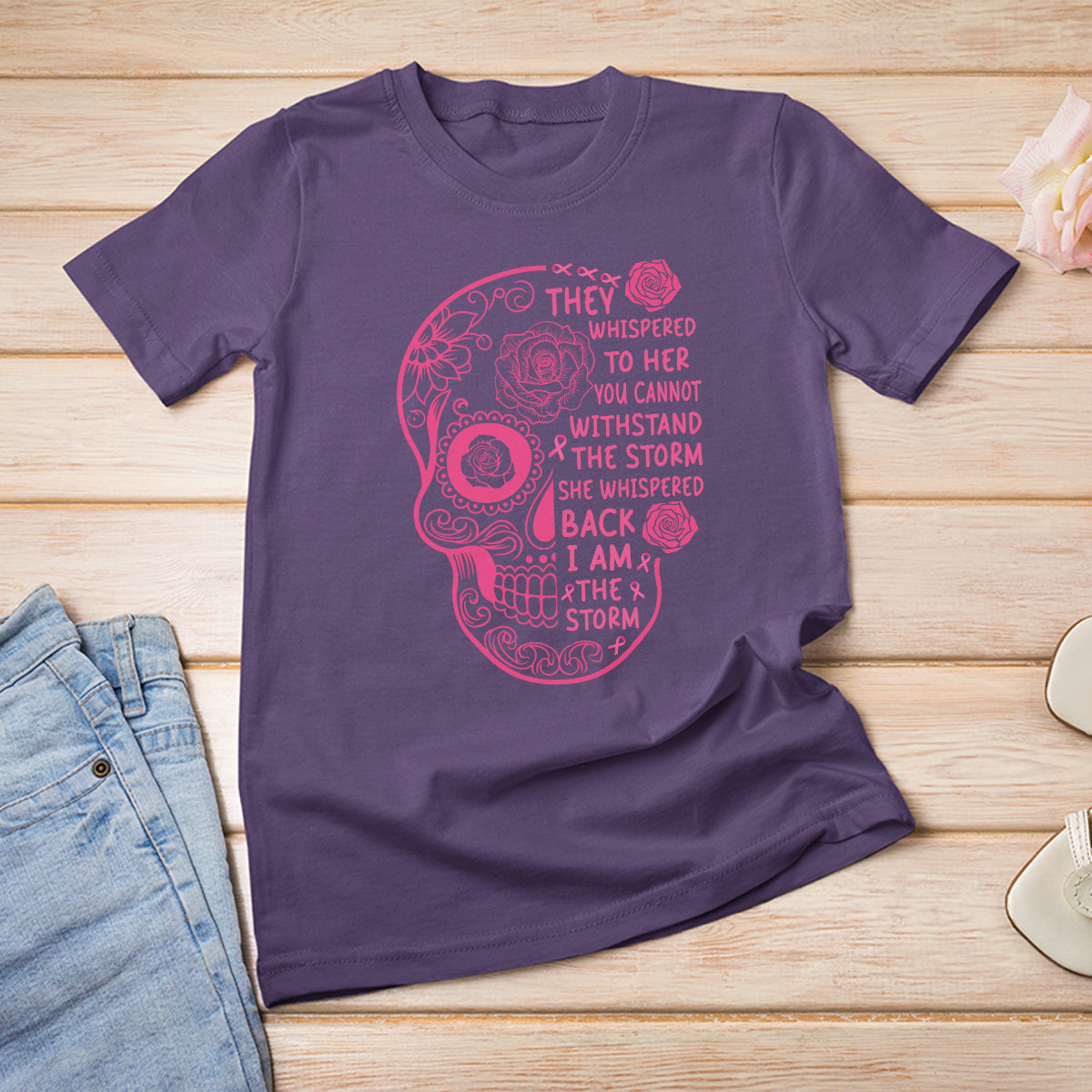 Sugar Skull Breast Cancer T Shirt She Whispered Back I Am The Storm Pink Breast Cancer Warrior - Wonder Print Shop