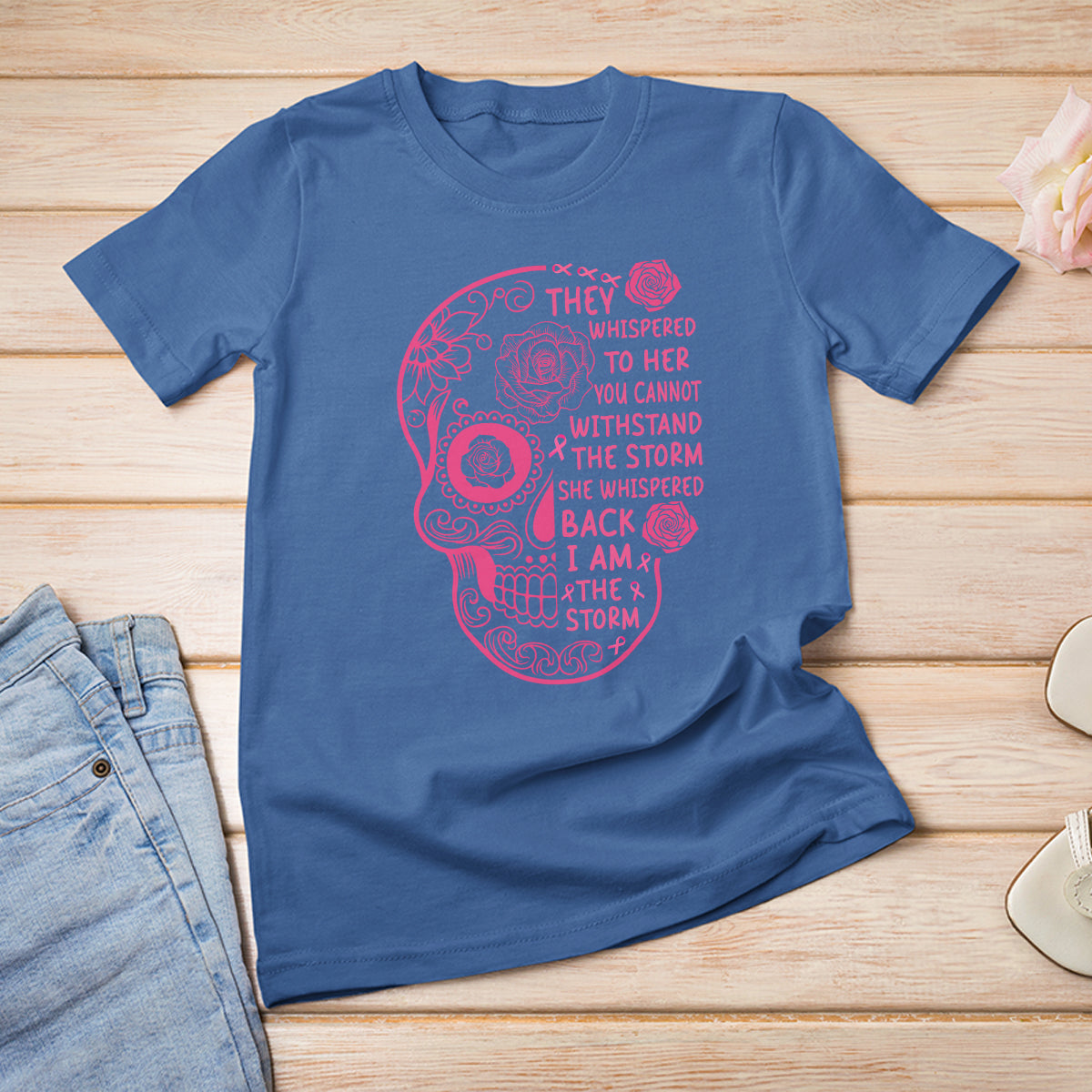 Sugar Skull Breast Cancer T Shirt She Whispered Back I Am The Storm Pink Breast Cancer Warrior - Wonder Print Shop