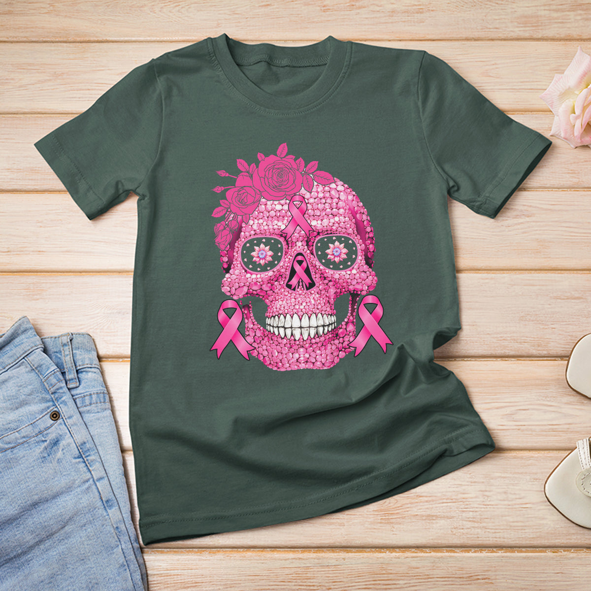 Sugar Skull Breast Cancer T Shirt Pink Ribbon Support Squad Breast Cancer Warrior Girls Women - Wonder Print Shop
