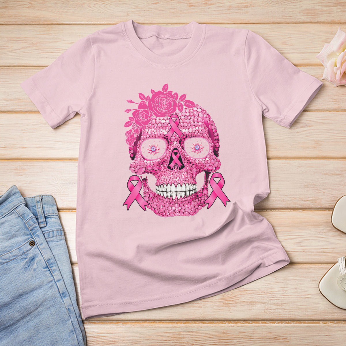 Sugar Skull Breast Cancer T Shirt Pink Ribbon Support Squad Breast Cancer Warrior Girls Women - Wonder Print Shop
