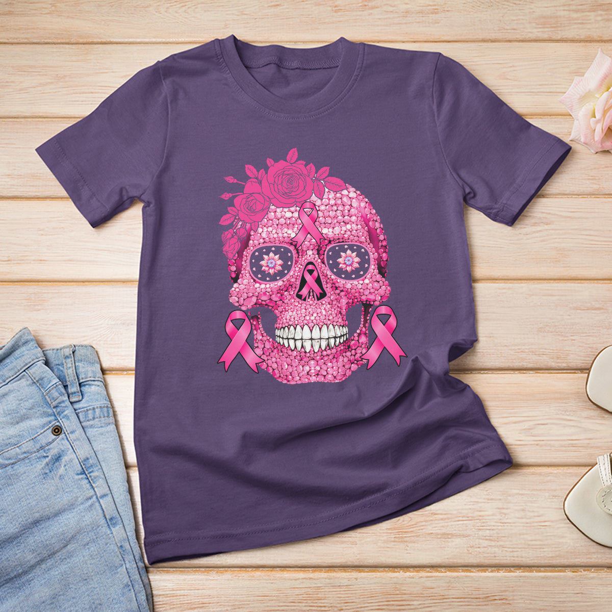 Sugar Skull Breast Cancer T Shirt Pink Ribbon Support Squad Breast Cancer Warrior Girls Women - Wonder Print Shop