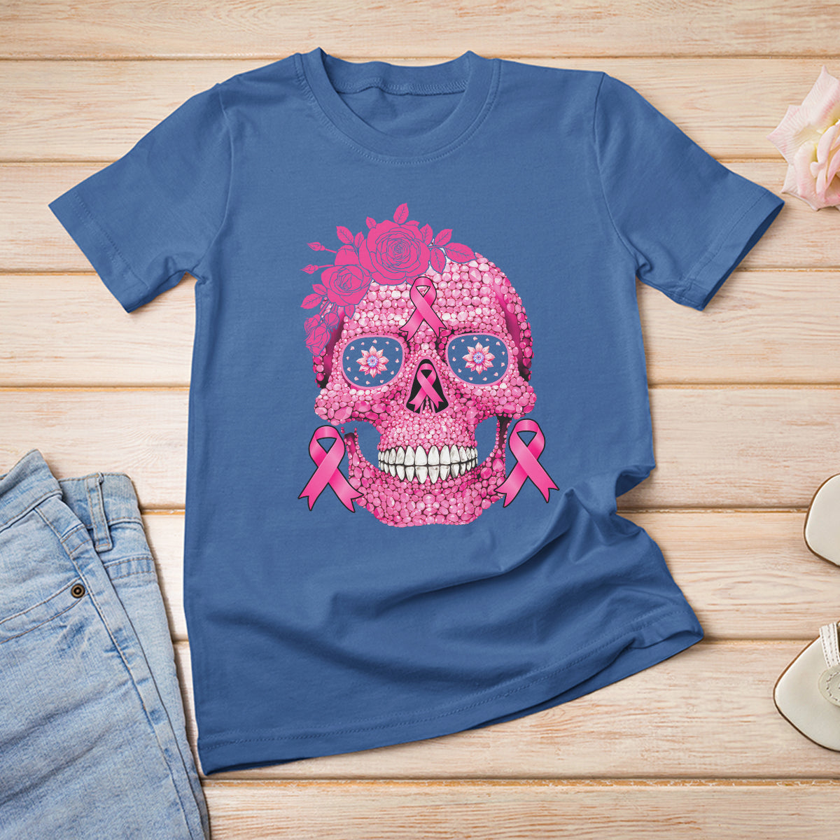 Sugar Skull Breast Cancer T Shirt Pink Ribbon Support Squad Breast Cancer Warrior Girls Women - Wonder Print Shop