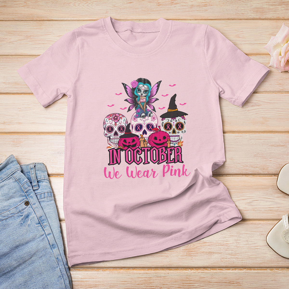 Skull Breast Cancer T Shirt In October We Wear Pink Support Squad Breast Cancer Warrior Survivor - Wonder Print Shop