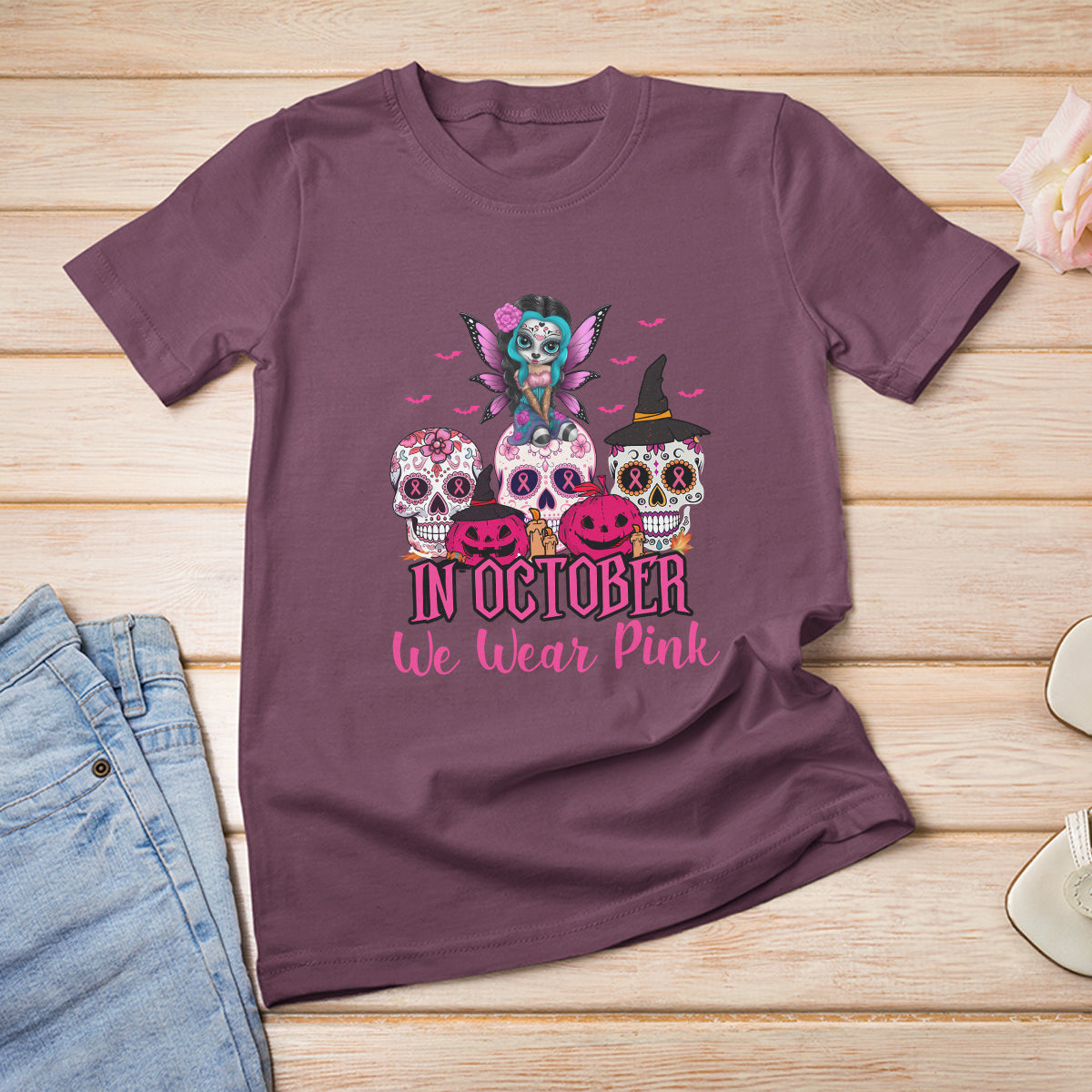 Skull Breast Cancer T Shirt In October We Wear Pink Support Squad Breast Cancer Warrior Survivor - Wonder Print Shop