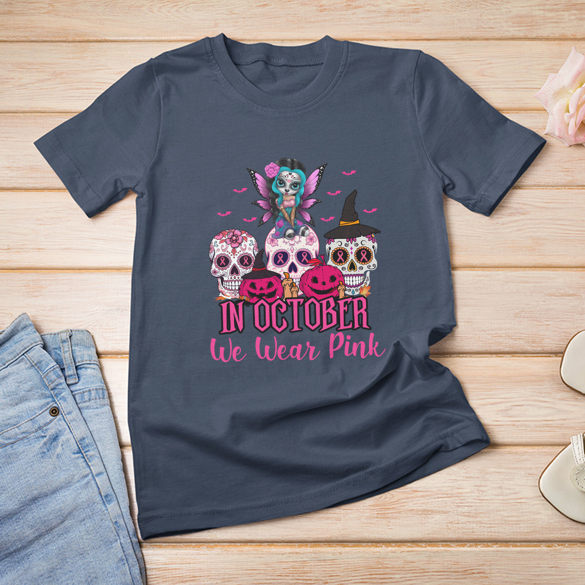 Skull Breast Cancer T Shirt In October We Wear Pink Support Squad Breast Cancer Warrior Survivor - Wonder Print Shop