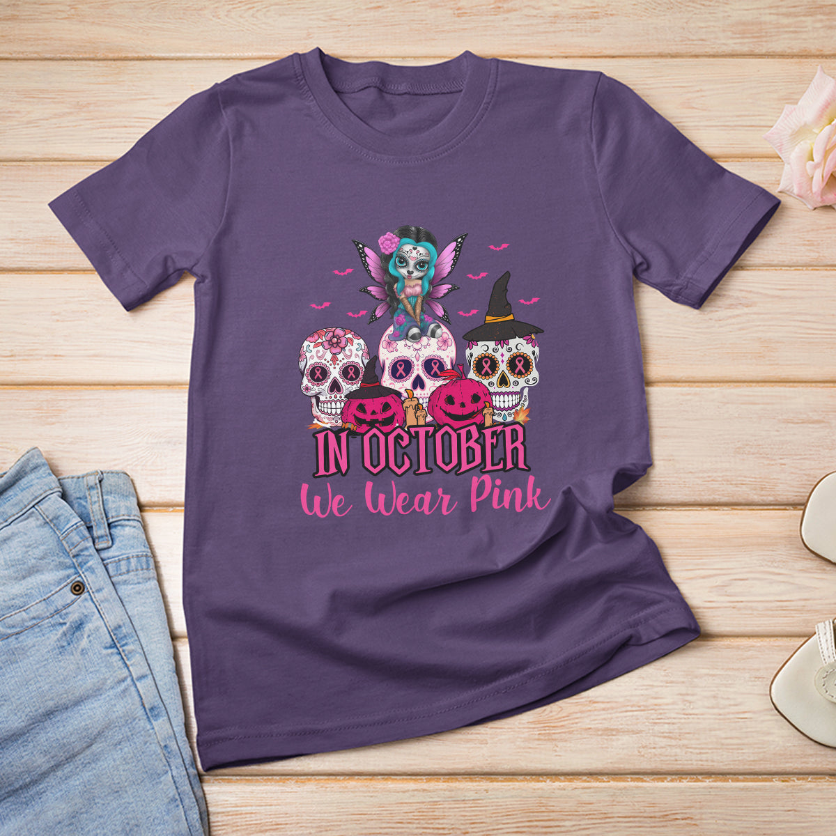 Skull Breast Cancer T Shirt In October We Wear Pink Support Squad Breast Cancer Warrior Survivor - Wonder Print Shop