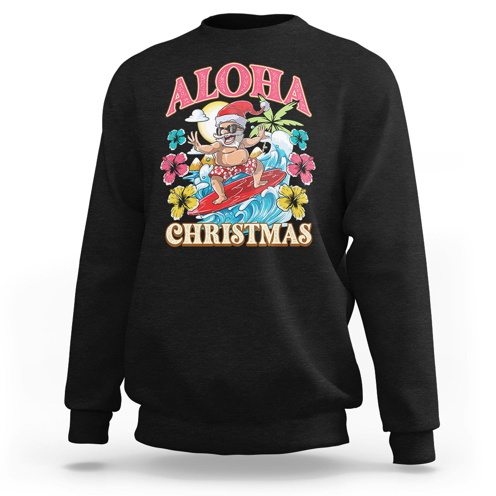 Aloha Hawaiian Christmas Mele Kalikimaka Tropical Xmas Surfing Santa Sweatshirt - Wonder Print Shop