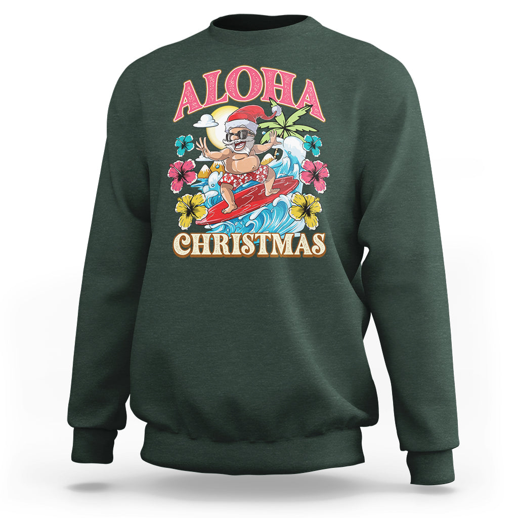 Aloha Hawaiian Christmas Mele Kalikimaka Tropical Xmas Surfing Santa Sweatshirt - Wonder Print Shop
