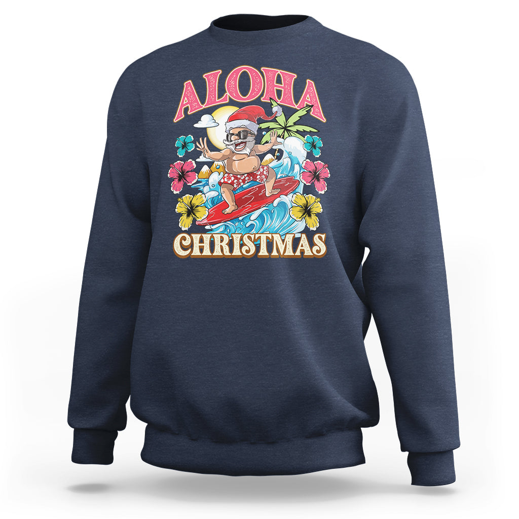 Aloha Hawaiian Christmas Mele Kalikimaka Tropical Xmas Surfing Santa Sweatshirt - Wonder Print Shop