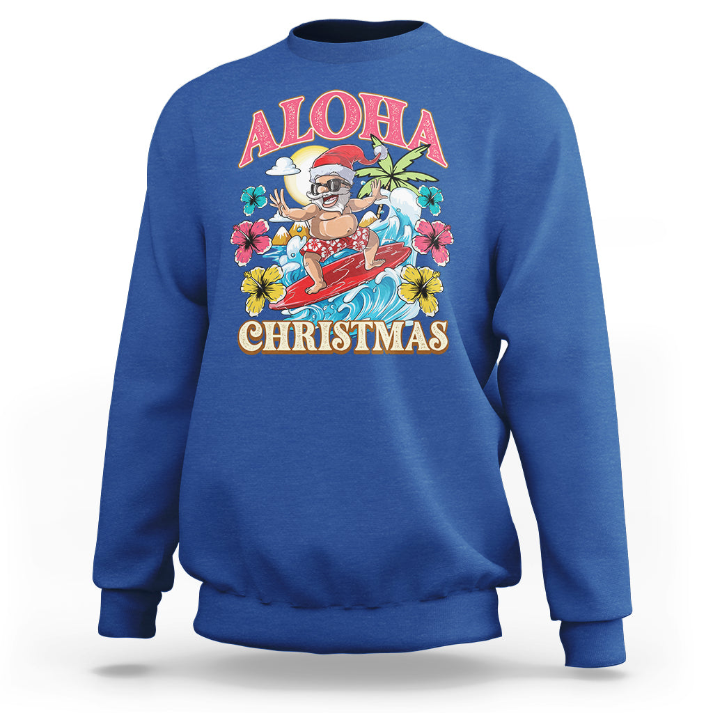 Aloha Hawaiian Christmas Mele Kalikimaka Tropical Xmas Surfing Santa Sweatshirt - Wonder Print Shop