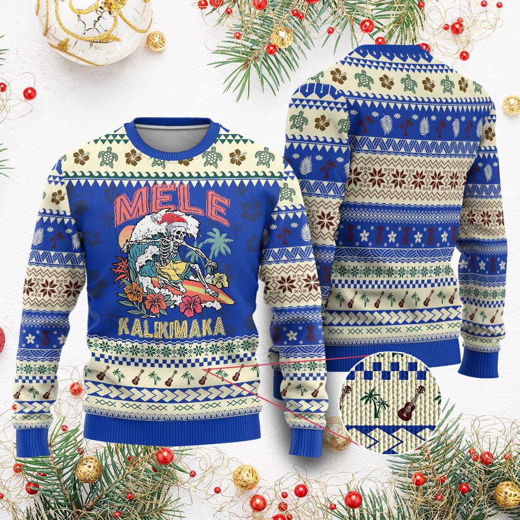 Xmas in Hawaii Ugly Christmas Sweater Mele Kalikimaka Hawaiian Tropical Surfing Skeleton - Wonder Print Shop