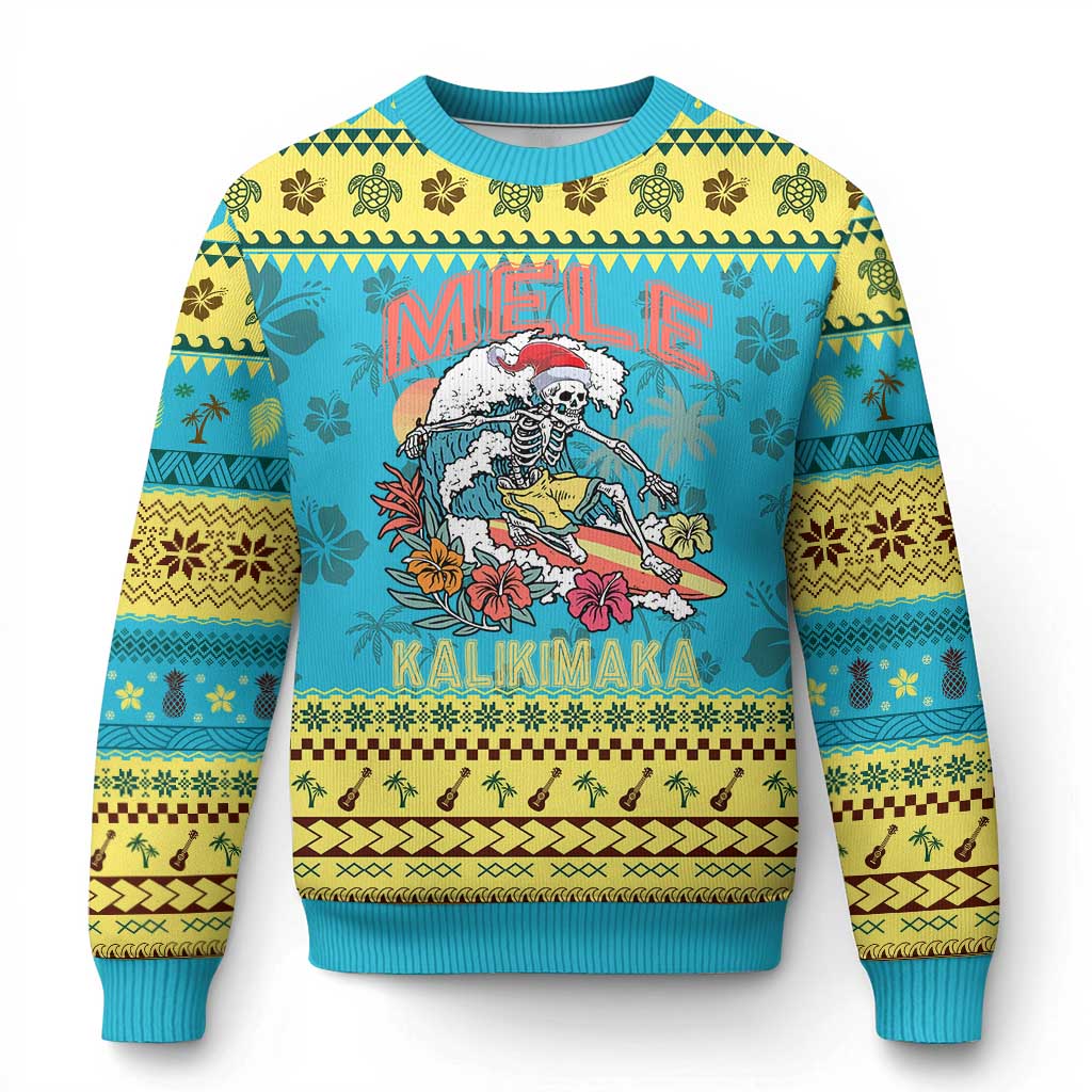 Xmas in Hawaii Ugly Christmas Sweater Mele Kalikimaka Hawaiian Tropical Surfing Skeleton - Wonder Print Shop