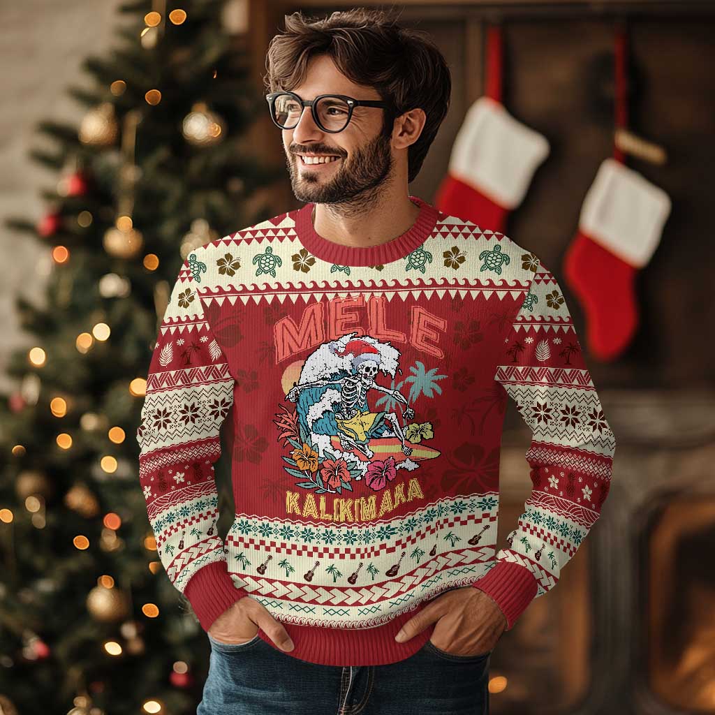 Xmas in Hawaii Ugly Christmas Sweater Mele Kalikimaka Hawaiian Tropical Surfing Skeleton - Wonder Print Shop