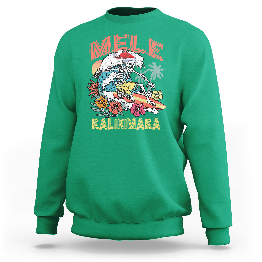 Mele Kalikimaka Hawaiian Christmas Tropical Xmas Surfing Skeleton Sweatshirt - Wonder Print Shop