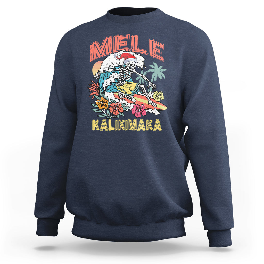 Mele Kalikimaka Hawaiian Christmas Tropical Xmas Surfing Skeleton Sweatshirt - Wonder Print Shop