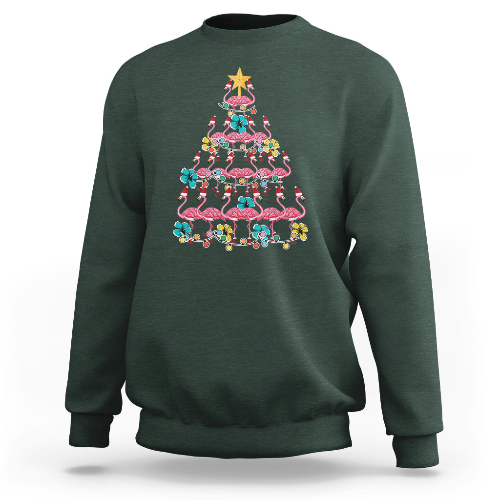 Cute Pink Flamingo Christmas Tree with Hibiscus Merry Xmas Sweatshirt - Wonder Print Shop
