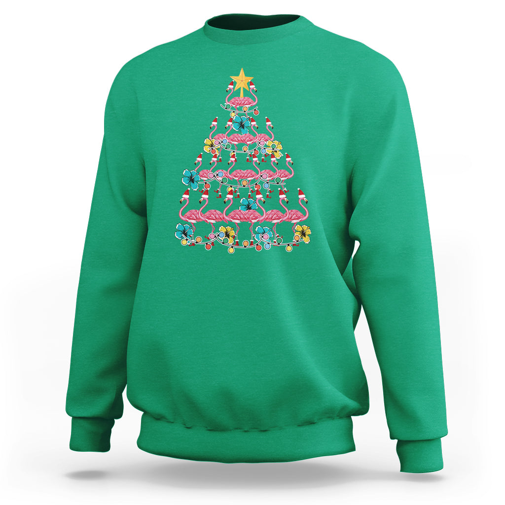 Cute Pink Flamingo Christmas Tree with Hibiscus Merry Xmas Sweatshirt - Wonder Print Shop