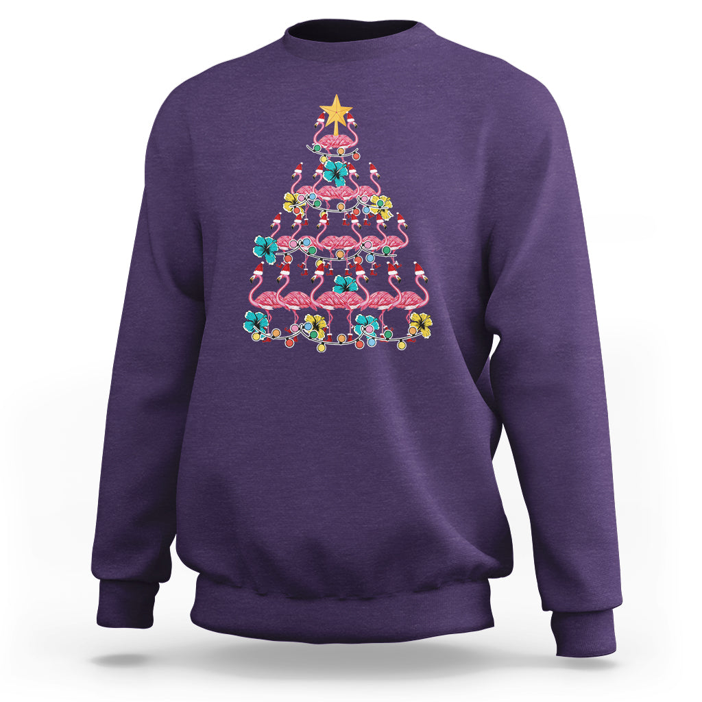 Cute Pink Flamingo Christmas Tree with Hibiscus Merry Xmas Sweatshirt - Wonder Print Shop