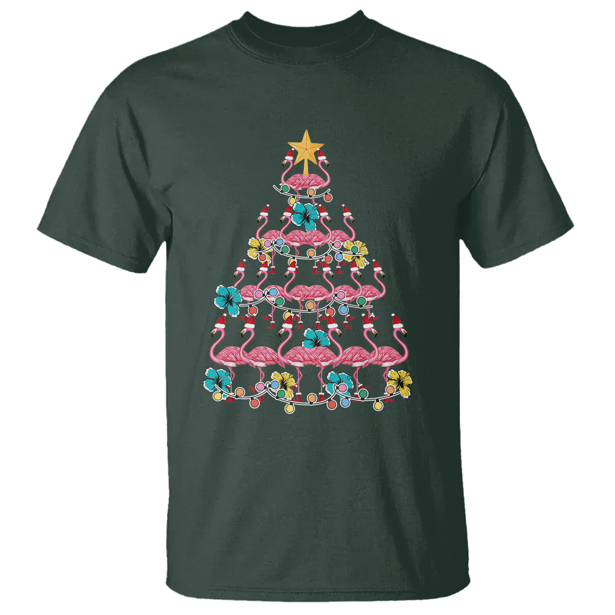 Cute Pink Flamingo Christmas Tree with Hibiscus Merry Xmas T Shirt - Wonder Print Shop