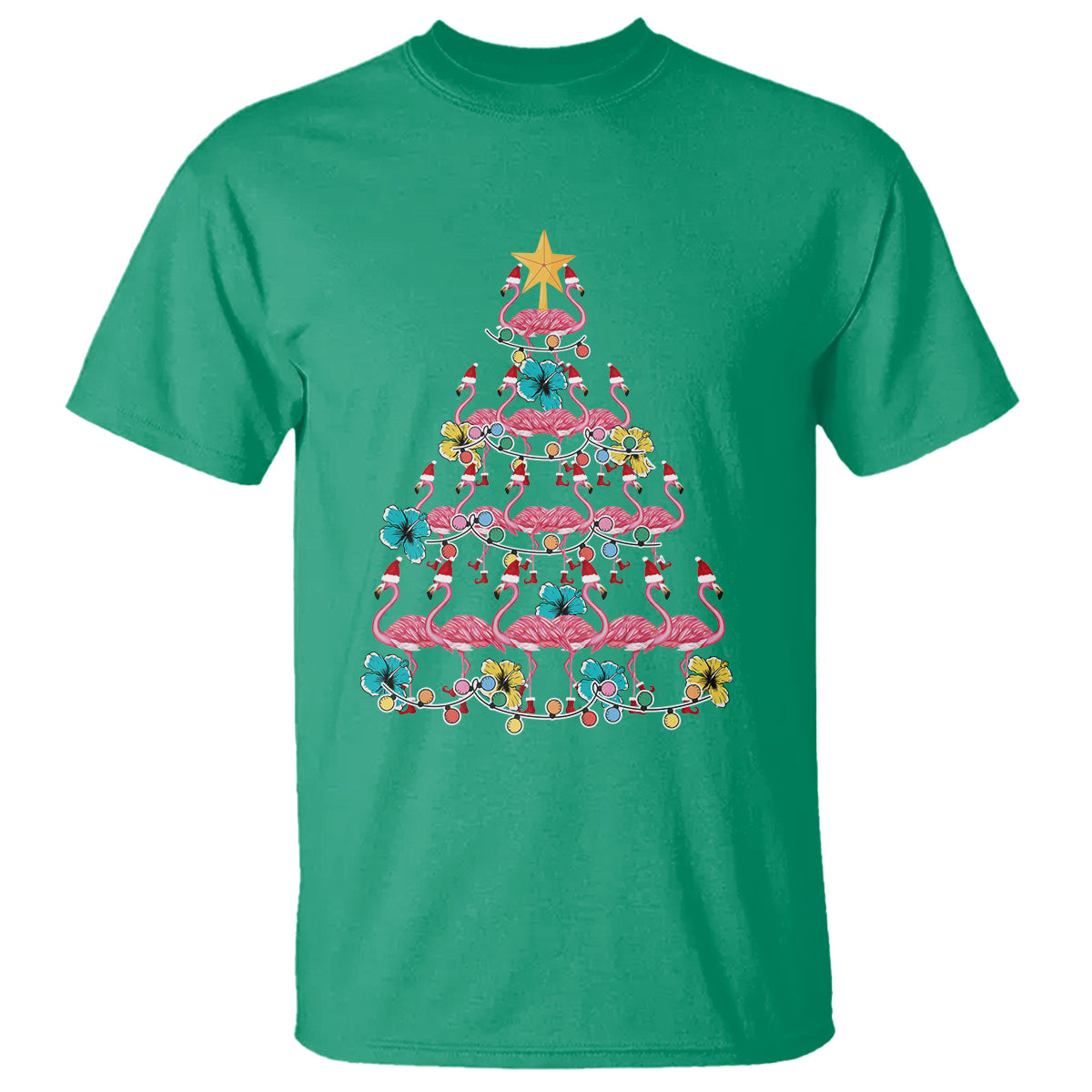 Cute Pink Flamingo Christmas Tree with Hibiscus Merry Xmas T Shirt - Wonder Print Shop