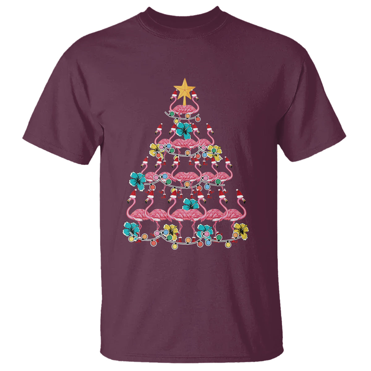 Cute Pink Flamingo Christmas Tree with Hibiscus Merry Xmas T Shirt - Wonder Print Shop