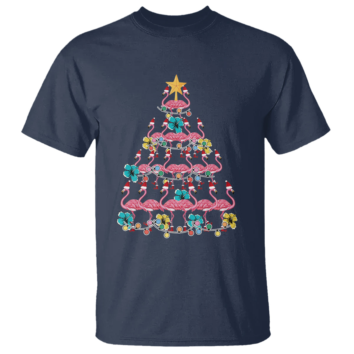 Cute Pink Flamingo Christmas Tree with Hibiscus Merry Xmas T Shirt - Wonder Print Shop