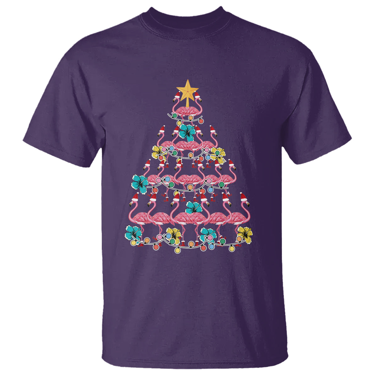 Cute Pink Flamingo Christmas Tree with Hibiscus Merry Xmas T Shirt - Wonder Print Shop