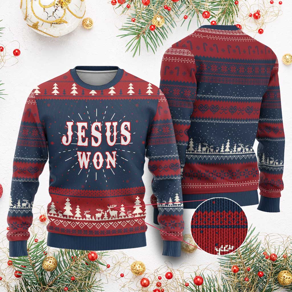 Jesus Won Ugly Christmas Sweater Christianity Religion - Wonder Print Shop