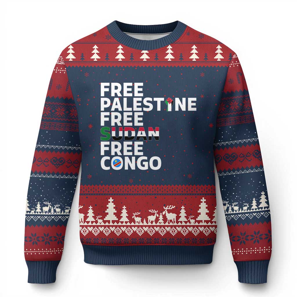 Free Palestine Sudan Congo Ugly Christmas Sweater Human Rights Activist Justice and Solidarity - Wonder Print Shop