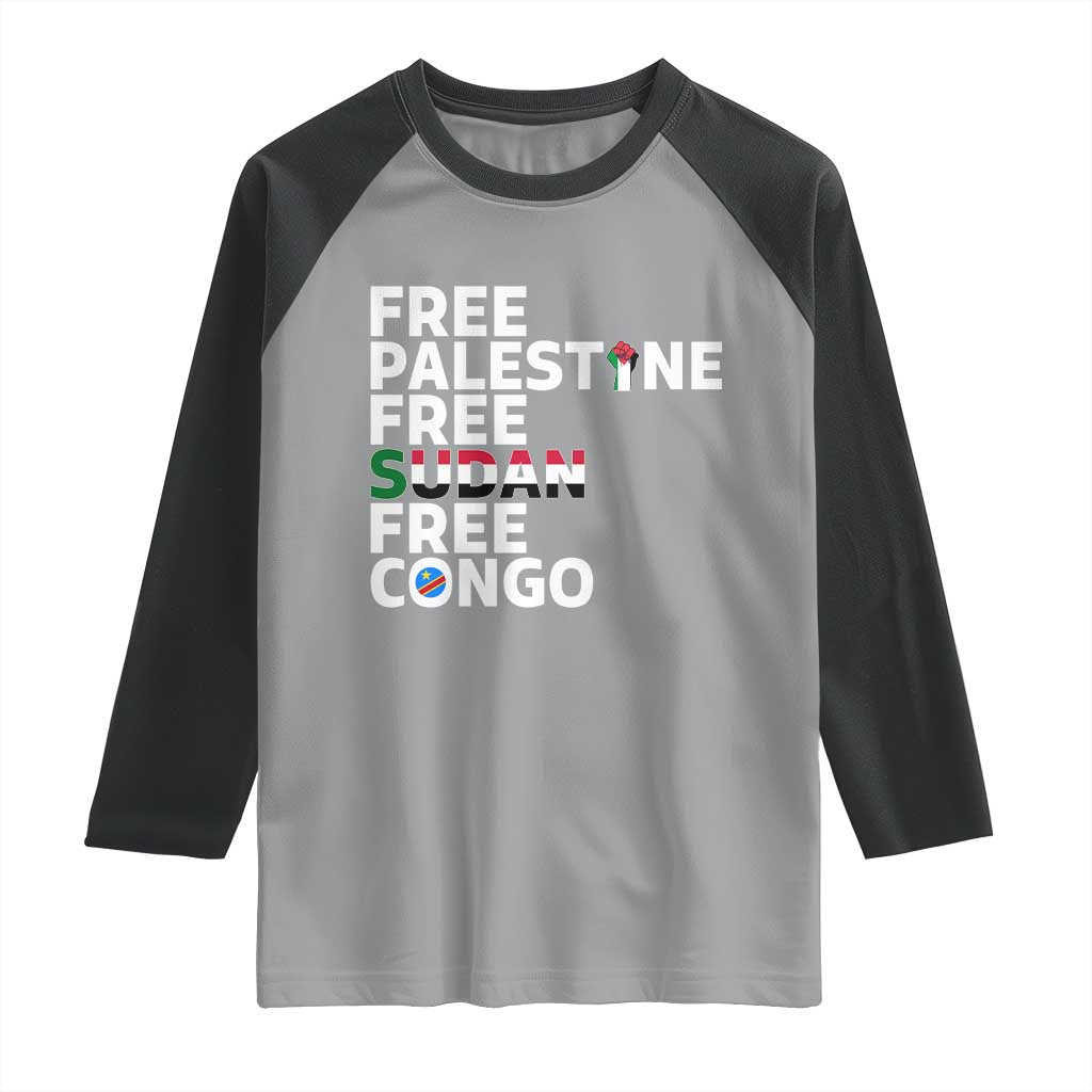 Free Palestine Sudan Congo Raglan Shirt Human Rights Activist Justice and Solidarity - Wonder Print Shop