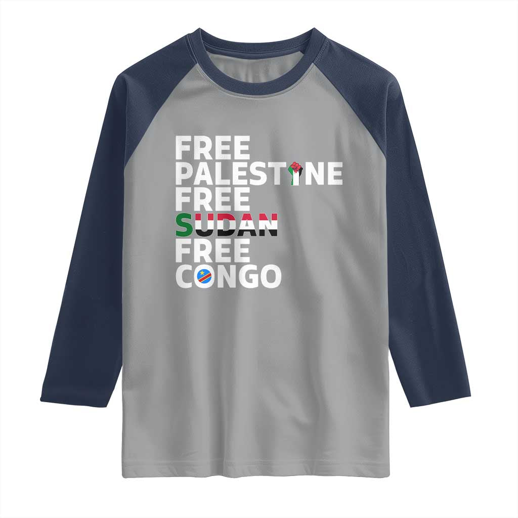 Free Palestine Sudan Congo Raglan Shirt Human Rights Activist Justice and Solidarity - Wonder Print Shop