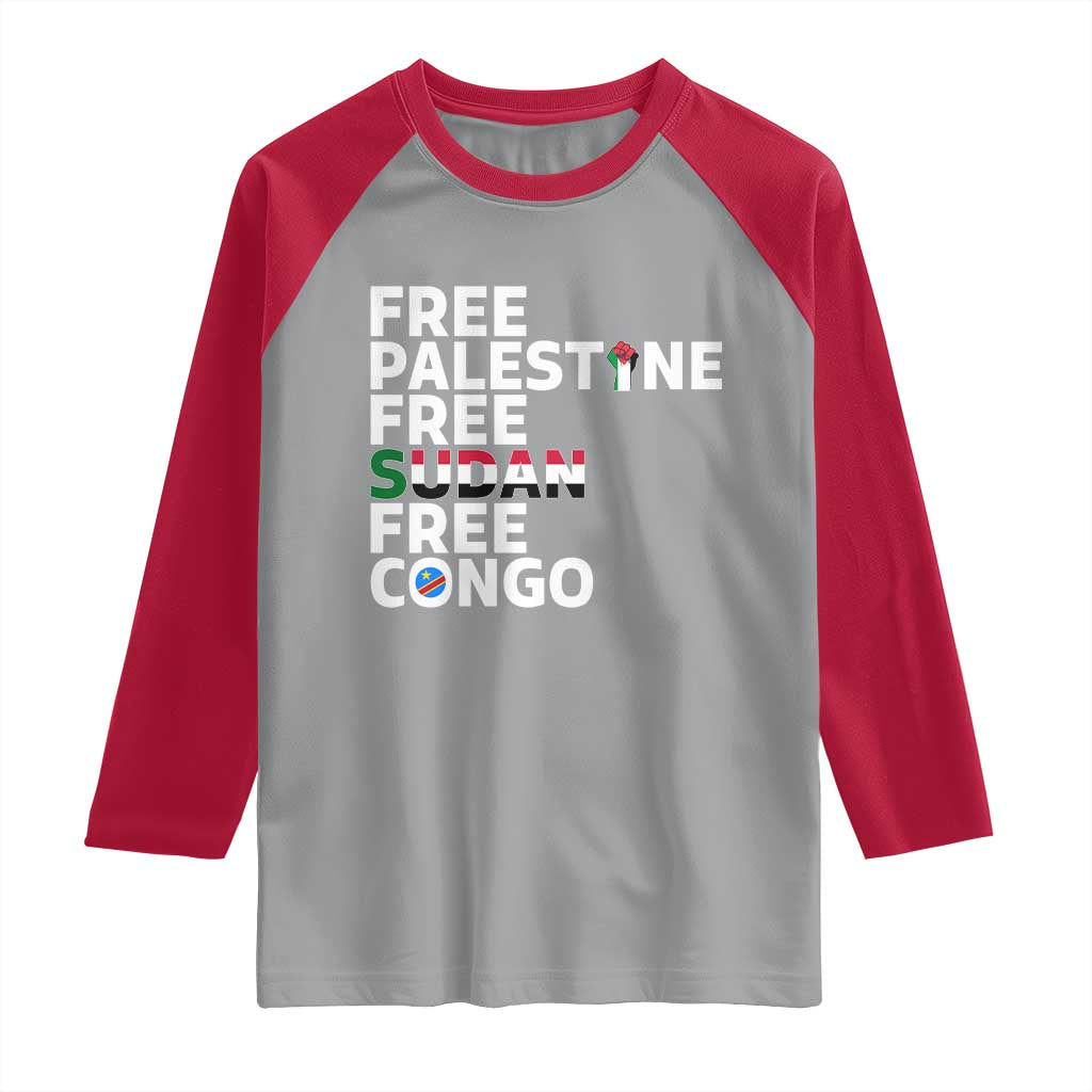 Free Palestine Sudan Congo Raglan Shirt Human Rights Activist Justice and Solidarity - Wonder Print Shop