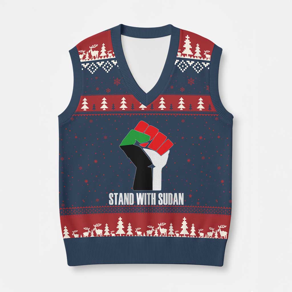 Stand With Sudan Power Fist V-Neck Knit Sweater Vest Sudan Flag Activist Peace and Protest - Wonder Print Shop