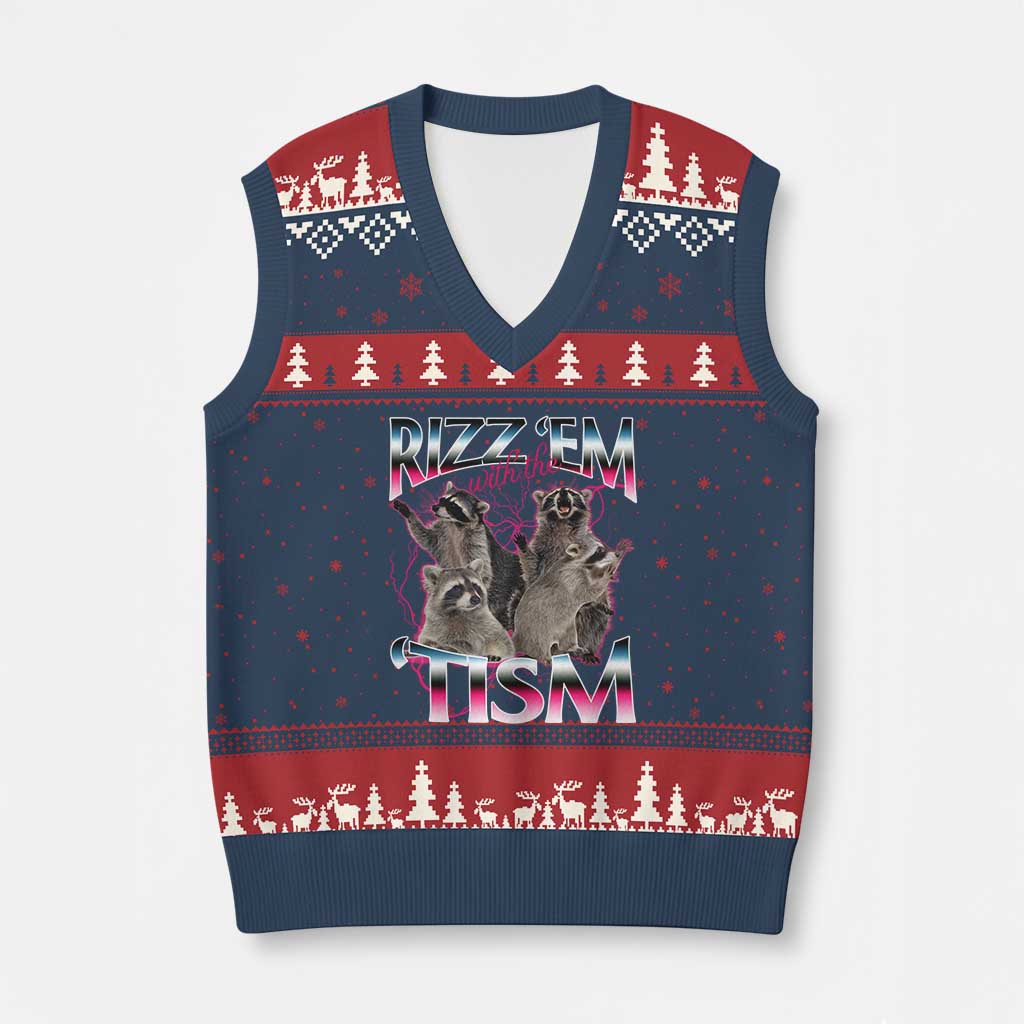 Funny Autism Raccoon Meme V-Neck Knit Sweater Vest Rizz Em With The Tism Autistic Raccoons - Wonder Print Shop