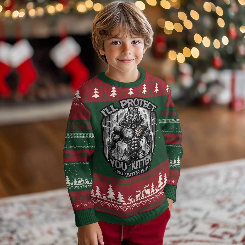 Funny Alpha Wolf Meme Ugly Christmas Sweater I'll Protect You Kitten Humorous Cringe - Wonder Print Shop