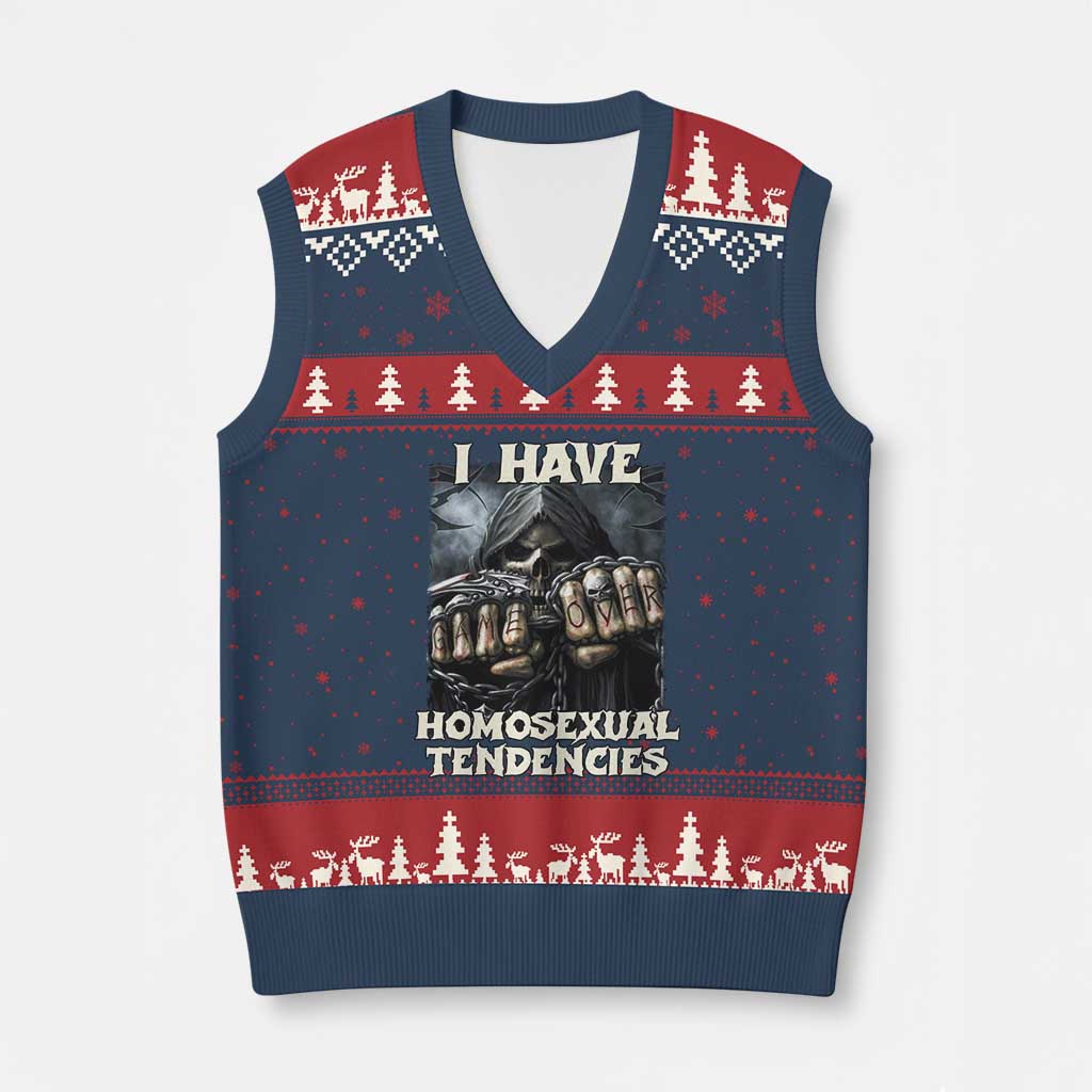Skeleton Meme V-Neck Knit Sweater Vest I Have Homosexual Tendencies Funny Edgy Hard Cringe - Wonder Print Shop