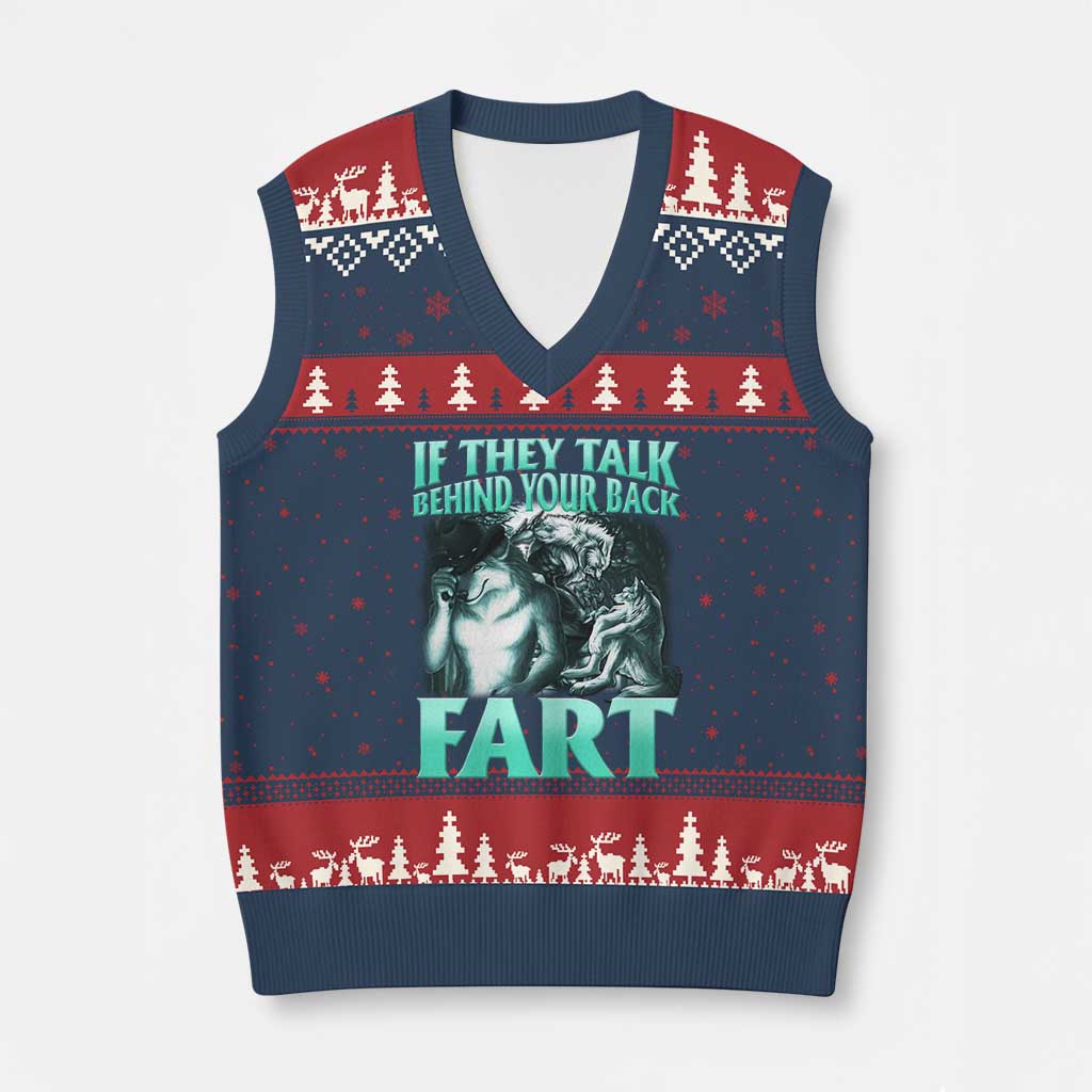 Funny Alpha Wolf Meme V-Neck Knit Sweater Vest If They Talk Behind Your Back Fart Humorous Cringe - Wonder Print Shop