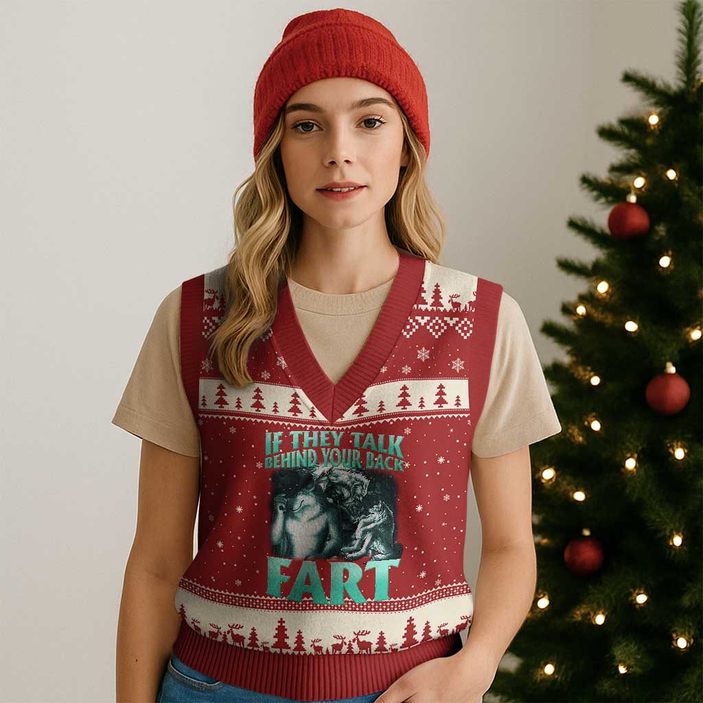 Funny Alpha Wolf Meme V-Neck Knit Sweater Vest If They Talk Behind Your Back Fart Humorous Cringe - Wonder Print Shop