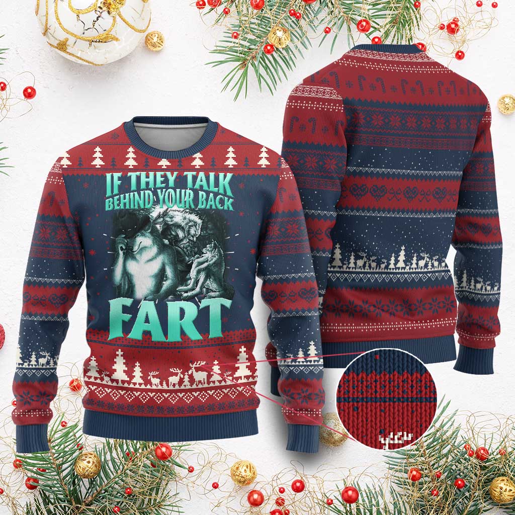 Funny Alpha Wolf Meme Ugly Christmas Sweater If They Talk Behind Your Back Fart Humorous Cringe - Wonder Print Shop