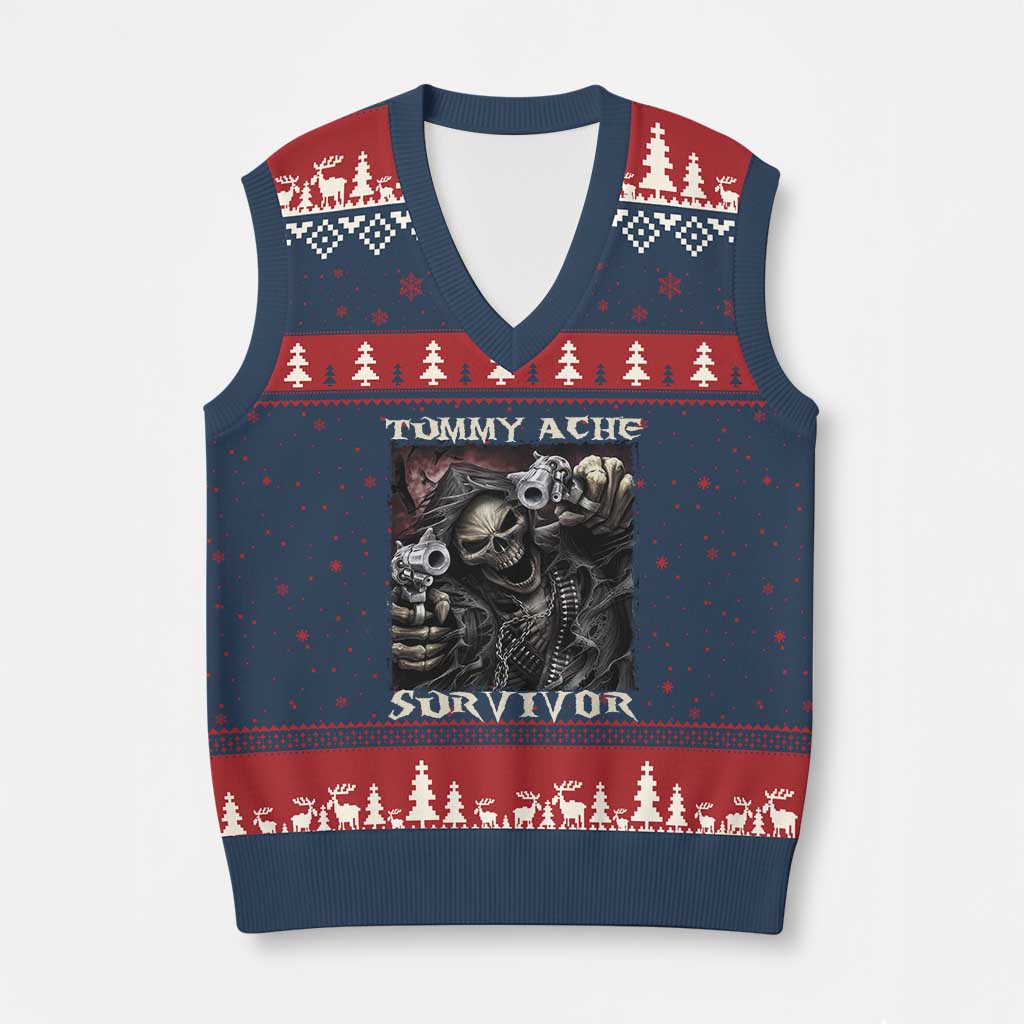 Skeleton Meme V-Neck Knit Sweater Vest Tummy Ache Survivor Funny Cool Edgy Hard Cringe - Wonder Print Shop