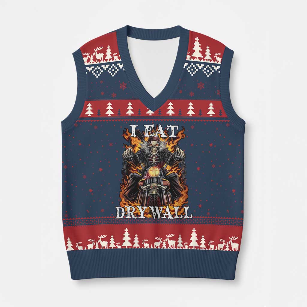 Funny Cringe Hard Skeleton Meme V-Neck Knit Sweater Vest I Eat Drywall - Wonder Print Shop