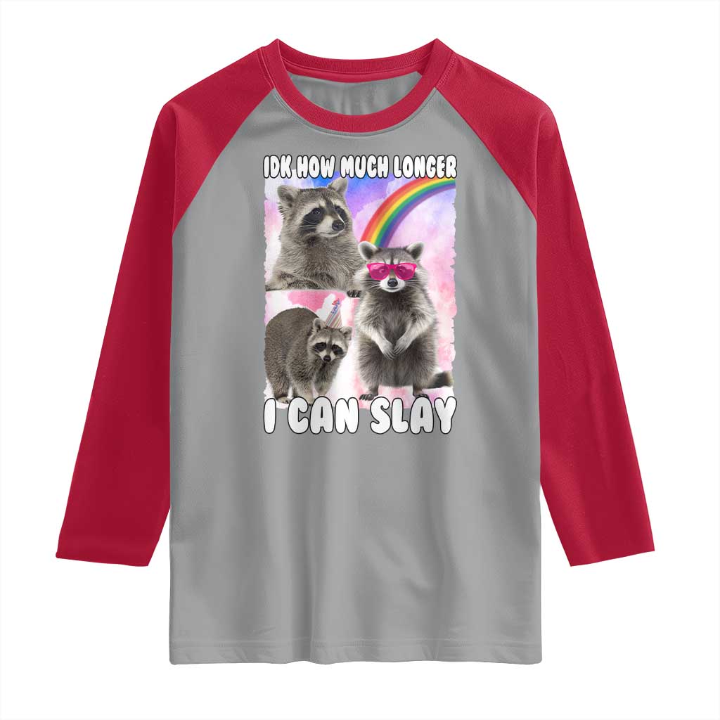 Funny Raccoon Meme Raglan Shirt Idk How Much Longer I Can Slay