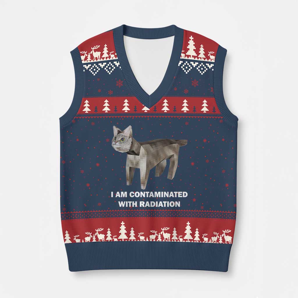 Funny Cat Meme V-Neck Knit Sweater Vest I Am Contaminated With Radiation Humorous Oddly Specific - Wonder Print Shop