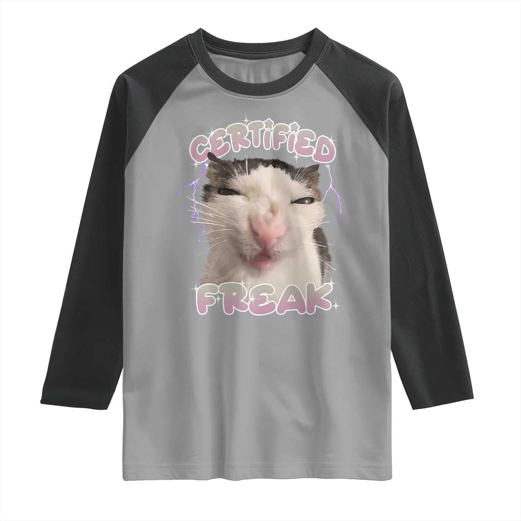 Funny Cat Meme Raglan Shirt Certified Freak Eat Cement Cursed Cat