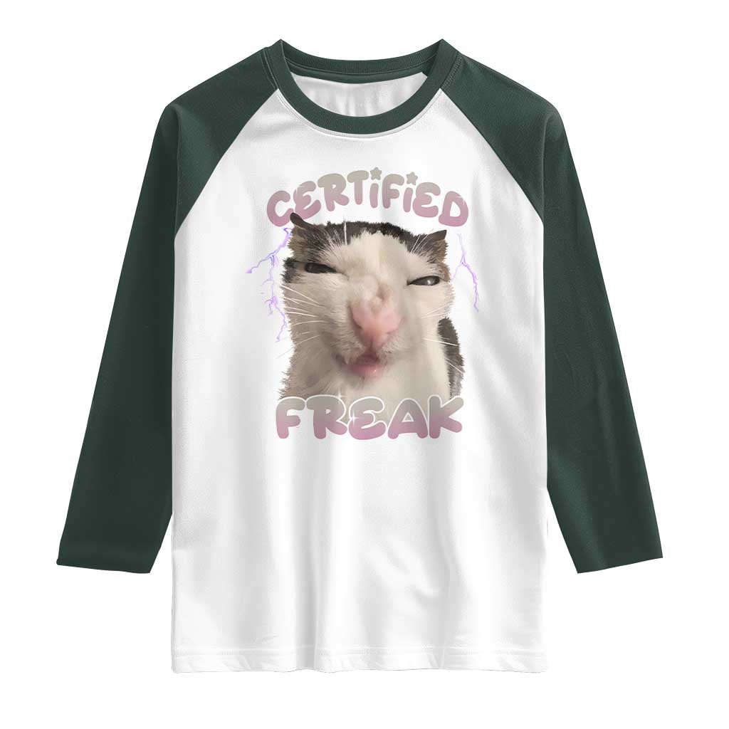 Funny Cat Meme Raglan Shirt Certified Freak Eat Cement Cursed Cat